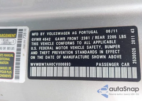 2012 Volkswagen Eos Komfort из США, поврежденный, VIN WVWBW7AH0CV006893